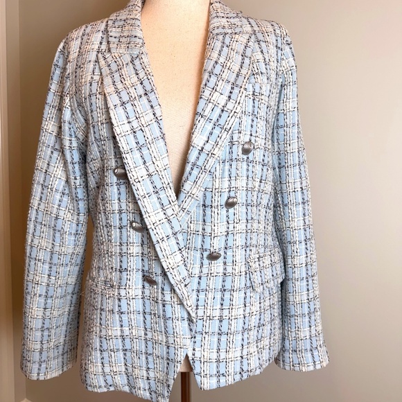 Size 10 - L'Agence Kenzie Double Breasted Plaid Blazer in Light Blue Tweed - Picture 2 of 8